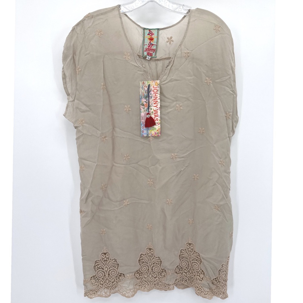 Johnny Was Boho Tunic Top or Dress Large Beige Sheer Floral Embroidered Lace NWT